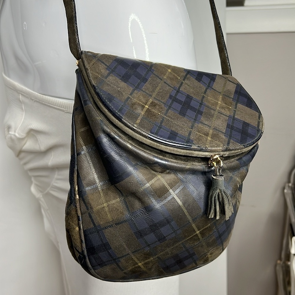 Escada Green Suede Blue Leather Crossbody Saddle Feed Bag Purse